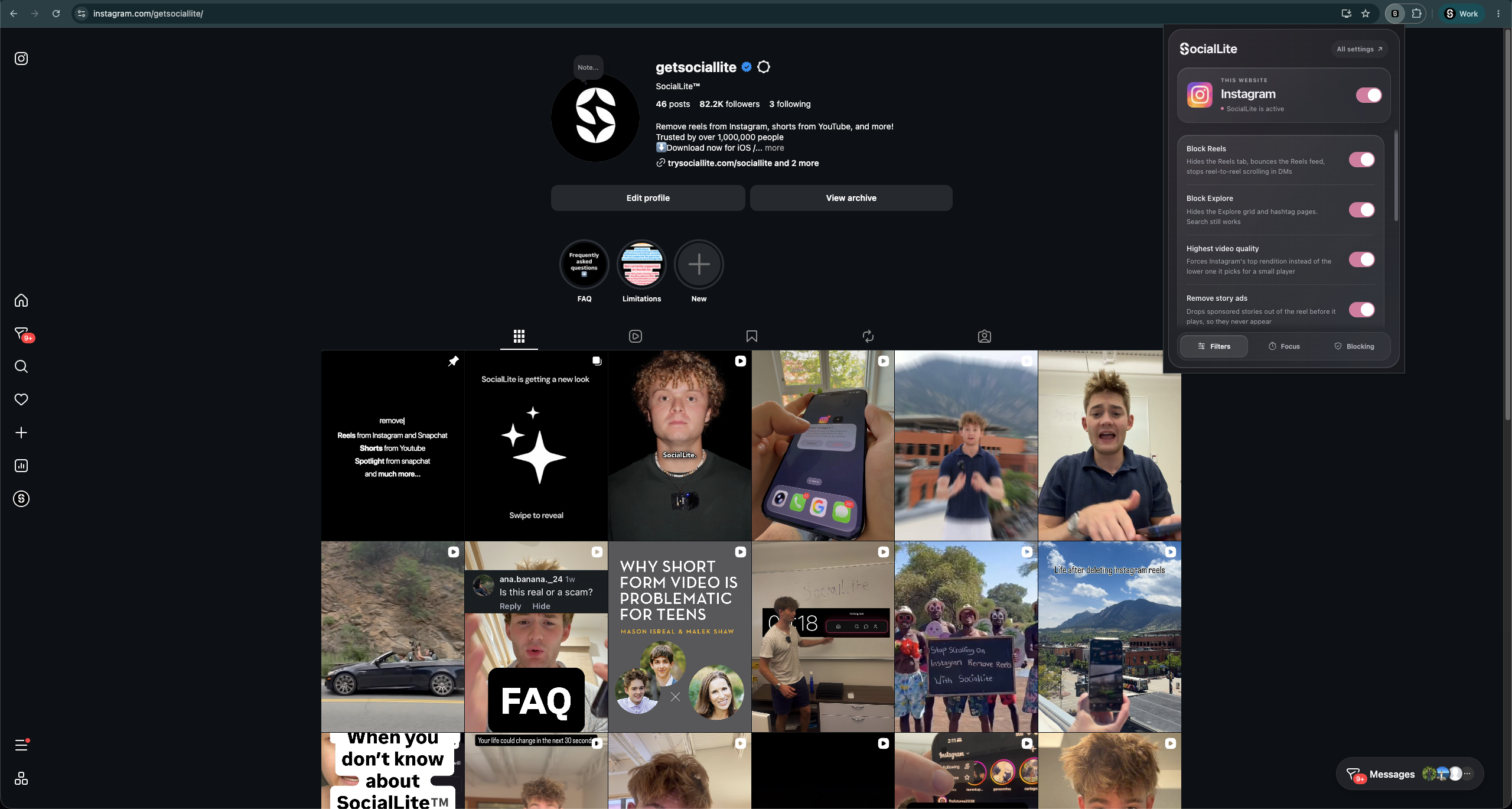 Instagram in Chrome with SocialLite controls for blocking Reels and Explore.
