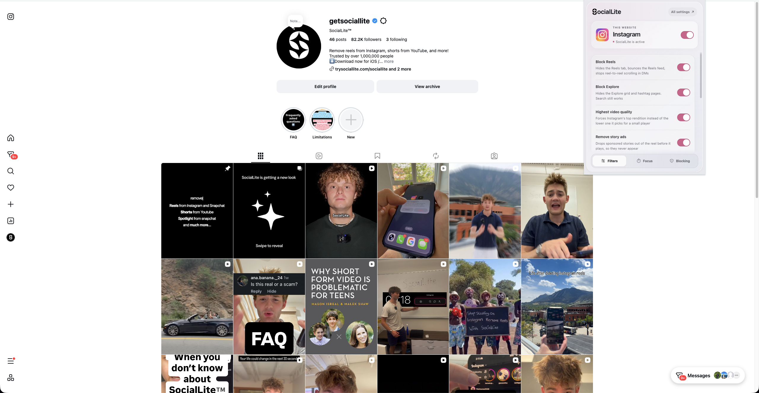 Instagram in Chrome with SocialLite controls for blocking Reels and Explore.