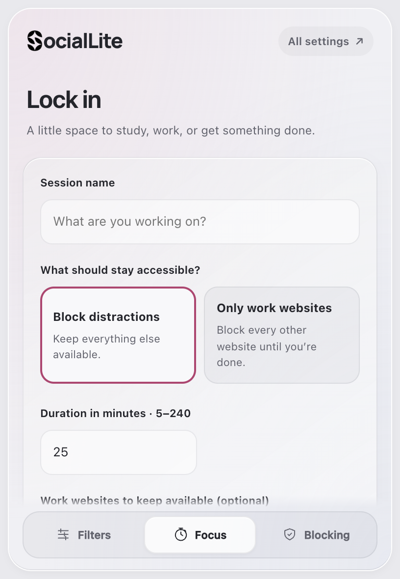 The SocialLite Chrome extension’s focus session controls in light mode