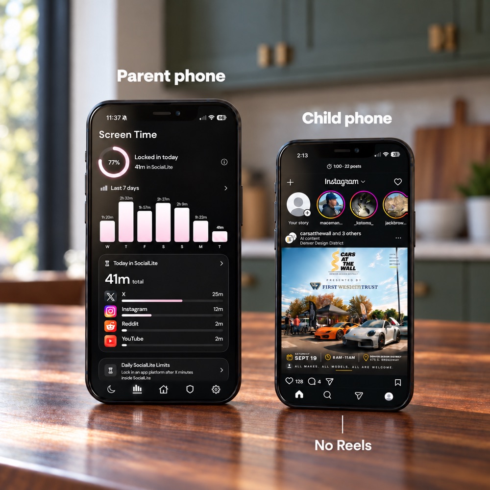 Parent phone showing SocialLite Screen Time controls beside a child phone running Instagram with no Reels