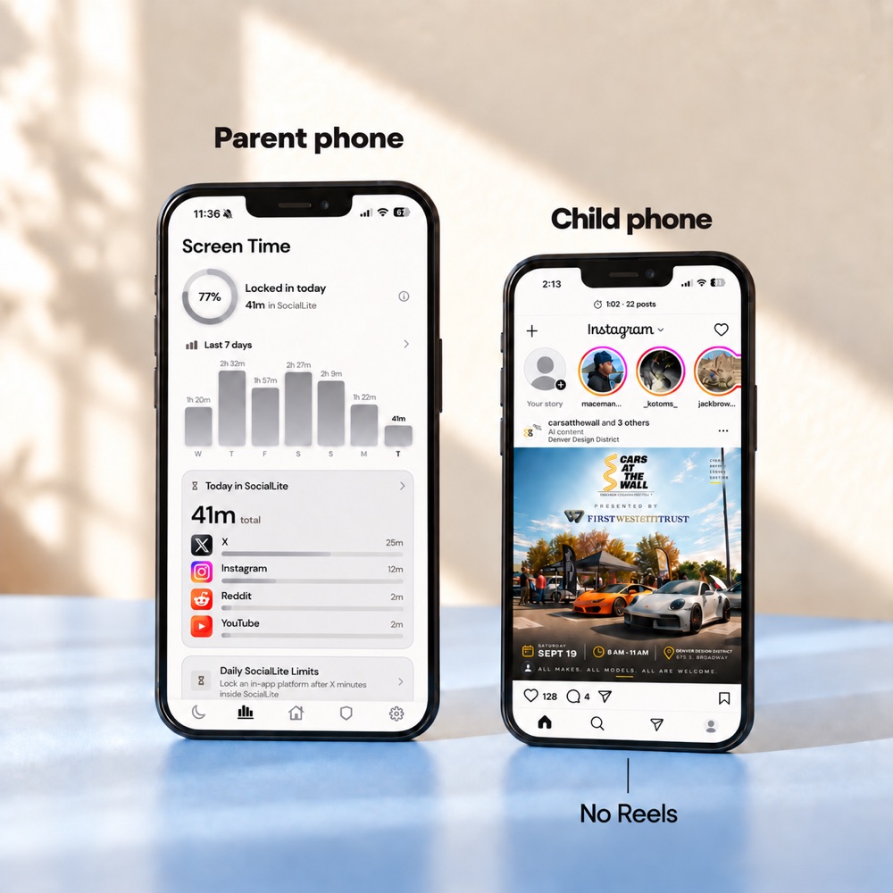 Parent phone showing SocialLite Screen Time controls beside a child phone running Instagram with no Reels