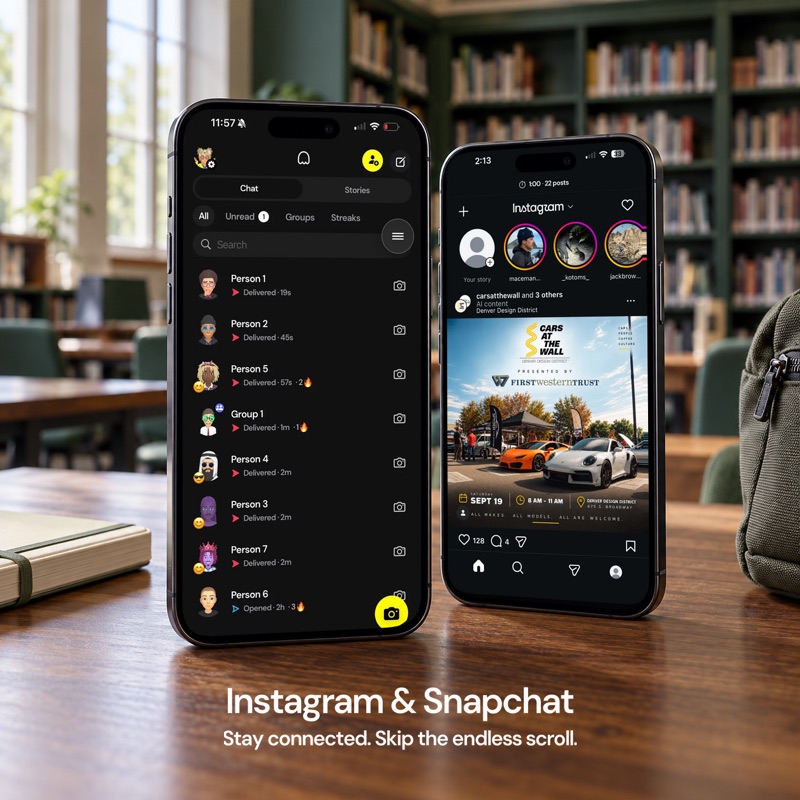 Snapchat chats and an Instagram feed without Reels, side by side in a library