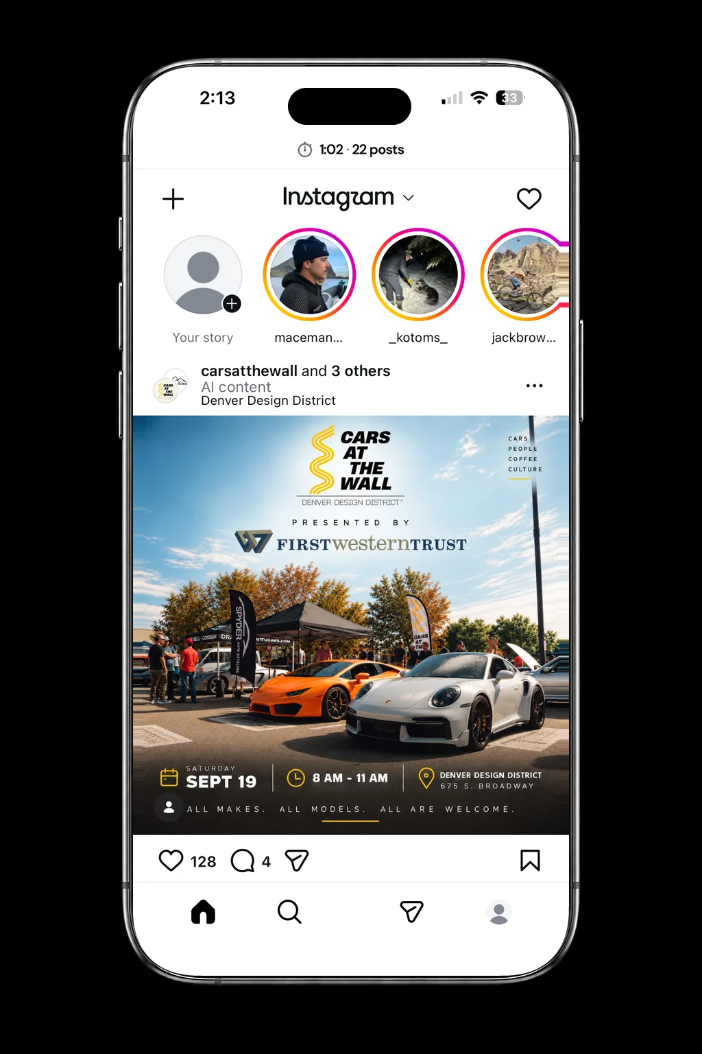 Instagram running inside SocialLite. The bottom bar has Home, Search, messages and profile, with no Reels tab.