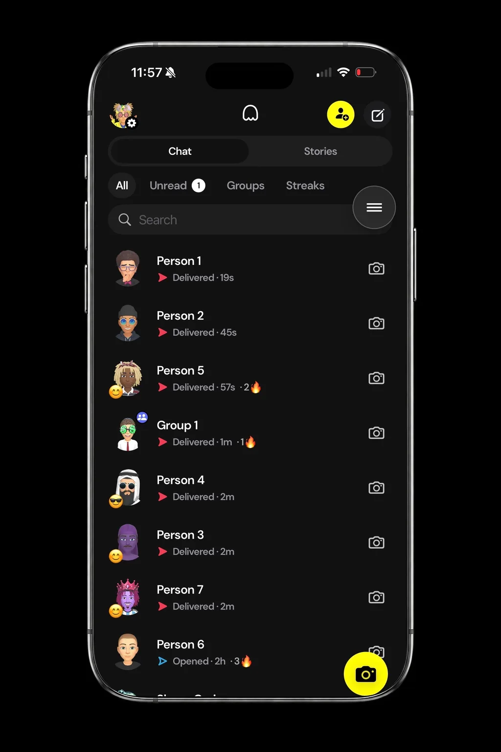 Snapchat running inside SocialLite. The top control has Chat and Stories only, with no Spotlight tab.