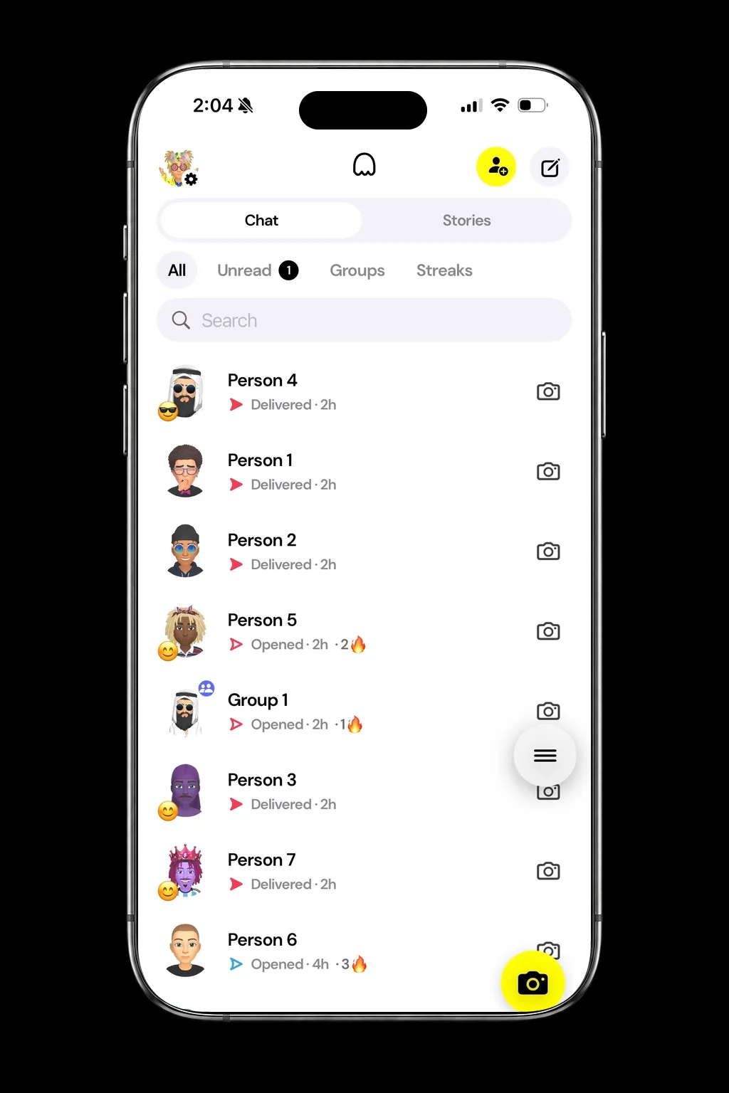 Snapchat running inside SocialLite. The top control has Chat and Stories only, with no Spotlight tab.