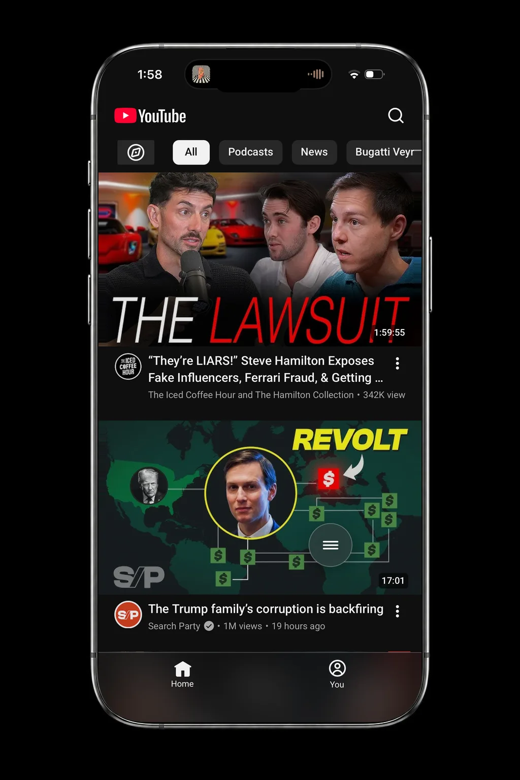 YouTube running inside SocialLite. The bottom bar has Home and You only, with no Shorts tab.